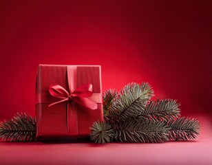 a christmas gift wrapped in elegant red paper and tied with a satin ribbon, placed against a rich re