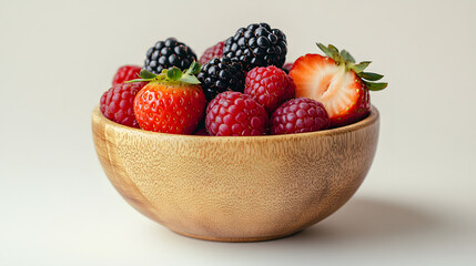 Canvas Print - A wooden bowl brimming with fresh, ripe berries.  Raspberries, strawberries, and blackberries create a vibrant and delicious mix, perfect for a healthy snack or dessert.