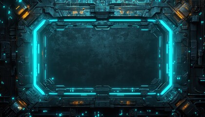 Poster - Futuristic Tech Panel Glowing Cyan Neon Frame