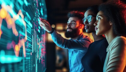 Poster - Team Analyzing Data On Large Interactive Display Screen