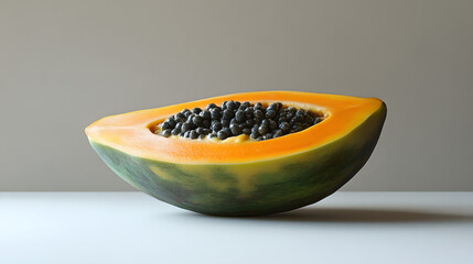 Sticker - A ripe papaya cut in half, revealing its vibrant orange flesh and numerous black seeds. The fruit rests on a white surface against a neutral background.