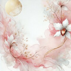 Poster -  a dreamy background featuring soft pink and white watercolor textures. Incorporate delicate, flowing lines and gentle splashes of gold to evoke a sense of elegance and tranquility. ai