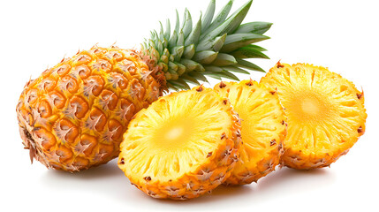 Sticker - A whole pineapple and two juicy slices, freshly cut and ready to eat, sit on a pristine white background.  The vibrant yellow flesh and green leaves are beautifully displayed.