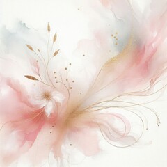 Poster -  a dreamy background featuring soft pink and white watercolor textures. Incorporate delicate, flowing lines and gentle splashes of gold to evoke a sense of elegance and tranquility. ai