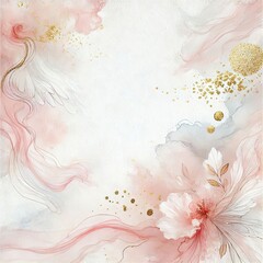 Poster -  a dreamy background featuring soft pink and white watercolor textures. Incorporate delicate, flowing lines and gentle splashes of gold to evoke a sense of elegance and tranquility. ai