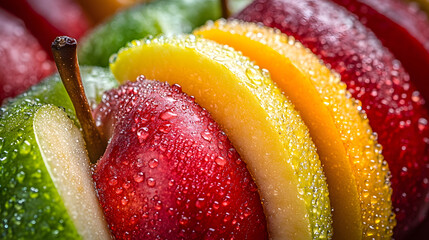 Sticker - Close-up of vibrant red, yellow, and green apple slices glistening with water droplets.  A juicy and refreshing image, perfect for healthy eating concepts.