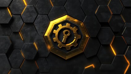 Poster - Abstract background featuring a golden key and gear symbol set against a dark hexagonal pattern, conveying concepts of security, innovation, and technology in a modern design.