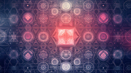 Poster - Intricate geometric pattern in shades of pink and purple.  A symmetrical design featuring circles, squares, and triangles, creating a complex, almost technological aesthetic.