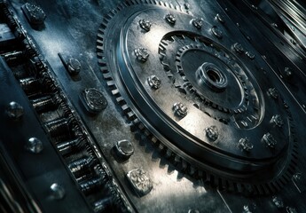 Poster - Close-Up View of Intricate Metal Gear Mechanism with Detailed Textures and Metallic Shine, Showcasing Mechanical Components in Industrial Design