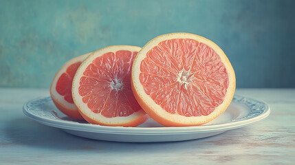 Sticker - Three juicy grapefruit halves on a rustic white plate against a teal background.  A vibrant and healthy image perfect for food blogs or health publications.