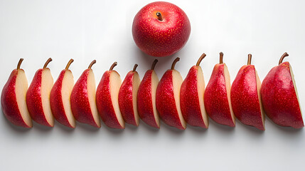 Wall Mural - A single red apple sits atop a row of sliced red pears against a white background.  The vibrant color contrast creates a visually appealing image, perfect for food blogs or healthy eating concepts.