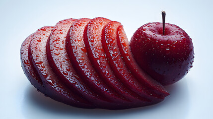 Sticker - Close-up of a ripe plum sliced into segments, glistening with water droplets, accompanied by a whole plum.  Vibrant red hues and high detail showcase the juicy texture.