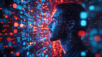 Aufkleber - Cybersecurity Digital Data Streams Portrait of IT Specialist Analyzing Artificial Intelligence Threats