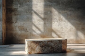 Poster - Minimalist Stone Pedestal in Sunlit Room with Textured Background for Product Display Mockup