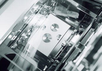Poster - High-Tech Industrial Equipment with Precision Mechanisms and Reflective Surfaces Creating Dynamic Visuals in a Modern Technological Environment
