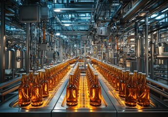 Poster - Industrial Production Line with Amber Bottles in a Modern Factory Setting, Showcasing Advanced Technology and Automation in Manufacturing Processes