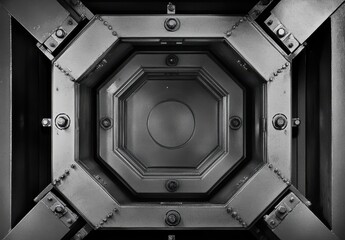 Poster - Industrial Metal Structure with Octagonal Center and Bolt Details, Featuring Symmetrical Design and Textured Surface for Architectural and Design Applications