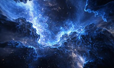 Wall Mural - a vibrant cosmic scene depicting swirling clouds of blue and stars in a dark space backdrop.