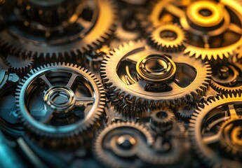 Poster - Intricate Close-Up of Metal Gears and Cogs in Motion Mechanics and Engineering Aesthetic with Soft Warm Lighting and Detailed Texture Background