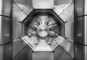 Poster - Intricate Design of an Industrial Machine Component Showcasing Precision Engineering and Metallic Finishes in an Abstract Geometric Perspective from Above