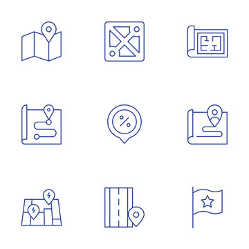 Map icons set. Thin Line style, editable stroke. blueprint, customer journey, flag, map, moba, placeholder, road