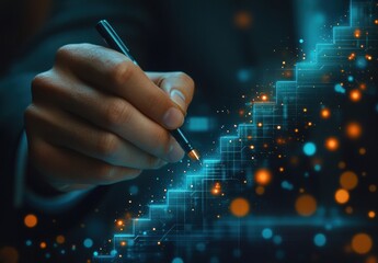 Poster - Professional hand holding a pen and drawing a digital graph with glowing elements on a dark background to represent growth, development, and innovation in business.
