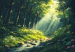 © ANUAR - Serene Forest Landscape with Sunlight Filtering Through Trees, Illuminating a Peaceful Stream Surrounded by Lush Greenery and Colorful Flowers in Nature