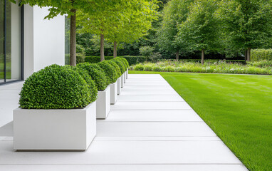 Modern Garden Path with Boxwood Hedges