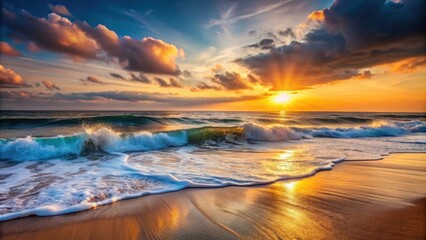 Wall Mural - Soft waves crashing on a beach during sunset, sunset, beach, ocean, waves, calm, serene, peaceful, tranquil, romantic, horizon