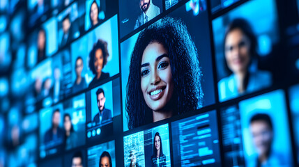 Poster - A vibrant collage of diverse faces on a screen, showcasing a global network of individuals.  The central focus is a smiling woman, emphasizing connection and inclusivity.