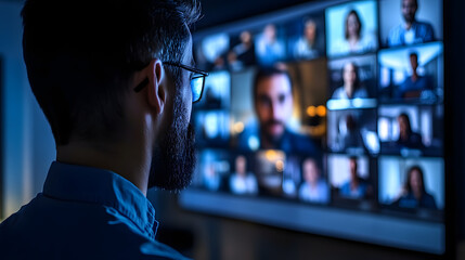 Poster - A man with glasses sits in a dimly lit room, attentively watching a video conference on a large screen displaying numerous participants.