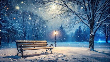 Wall Mural - Serene winter night with snowfall illuminated park bench , peaceful, serene, winter, night, snowfall, illuminated, park bench, snowy