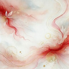 Poster -  a dreamy background featuring soft red and white watercolor textures. Incorporate delicate, flowing lines and gentle splashes of gold to evoke a sense of elegance and tranquility.