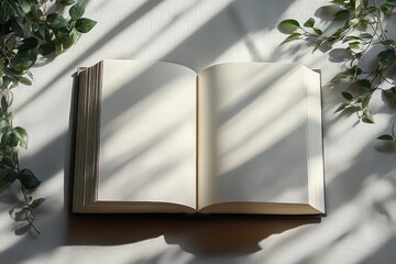 Poster - Minimalist Open Blank Book with Leaf Shadow on White Surface in Natural Light