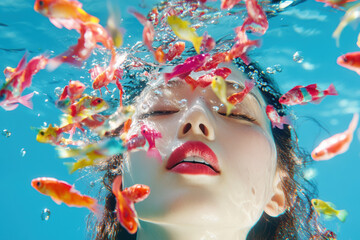 Underwater Dream: Woman Surrounded by Colorful Fish