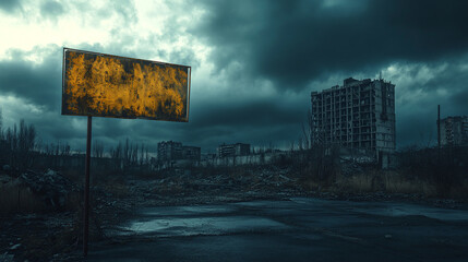 Desolate apocalypse end of the world sign, haunting copy space war disaster, eerie abandoned city ruin catastrophe, destroyed wasteland desolation, dark demolished broken.