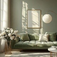 Poster - Minimalistic Living Room Interior Mockup with Green Velvet Sofa and Golden Lamp