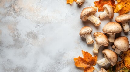 Wall Mural - Fresh mushrooms and autumn leaves on white surface, evoking seasonal theme