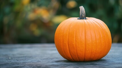 Wall Mural - Bright orange pumpkin resting on wooden surface outdoors