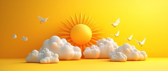 Wall Mural - bright sun with clouds and birds in a yellow backdrop.