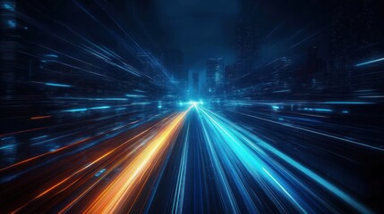Leinwandbilder - Futuristic City Night Speed Motion with Blue Light Trails and Neon Acceleration