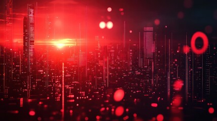 Poster - Futuristic Cityscape with Neon Red Lights and Digital Data Overlays Representing Financial Crisis and Recession