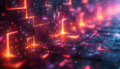Poster - Abstract digital neon lights with glowing squares