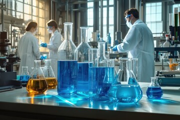 health care researchers working in medical science laboratory with colorful glassware for hospital t