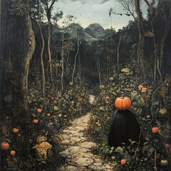 Poster - Enigmatic Forest Path with Pumpkins