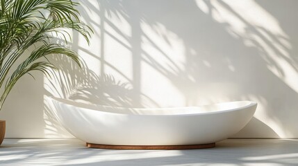 Poster - Minimalist White Curved Surface with Soft Natural Light and Leaf Shadows for Tranquil Interior Design