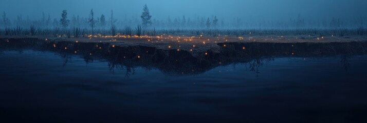 Wall Mural - ethereal landscape with glowing elements at dusk.