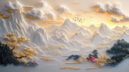 Poster - Serene Mountains and Trees Traditional Chinese Art with Golden Details Soft Lighting Tranquil Atmosphere