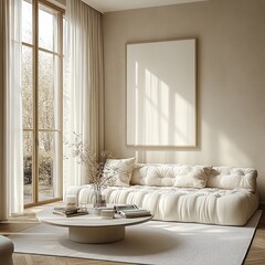 Poster - Minimalist Interior Scene with Tufted Sofa and Coffee Table Natural Light and Scandinavian Design