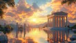 © zhuan - Surreal Greek Temple Ruins Under Bright Sunrise in Mythological Olympus Landscape